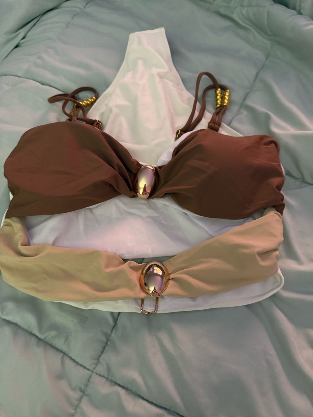 Ruched Colorblock One-Piece Swimsuit in Brown, Tan and White - Picture 3 of 5
